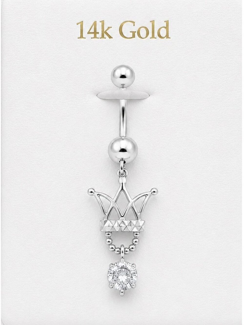 Created White Sapphire 1.12 Cts Navel Crawn Belly Ring 14k Solid White Gold